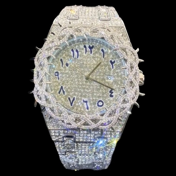 Mens Iced Out Simulated Diamond CZ Thorn Heavy Luxury Quartz Movement Watch